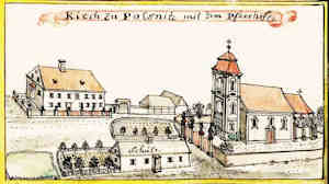 Kirch zu Polsnitz mit dem Pfarrhofe - Koci i plebania, widok oglny